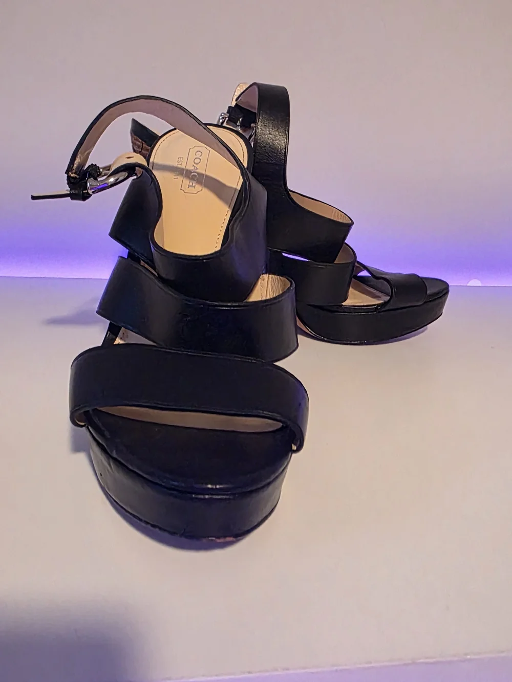Coach Black Leather Platform Sandals with Logo-Patterned Block Heel